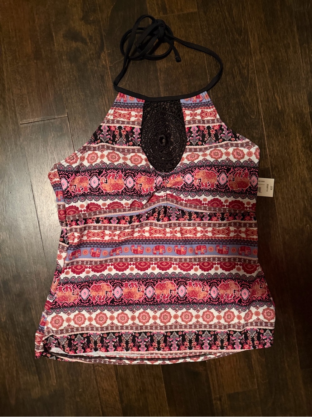 Sleeveless Halter swim suit Top with Pink Multi-Print